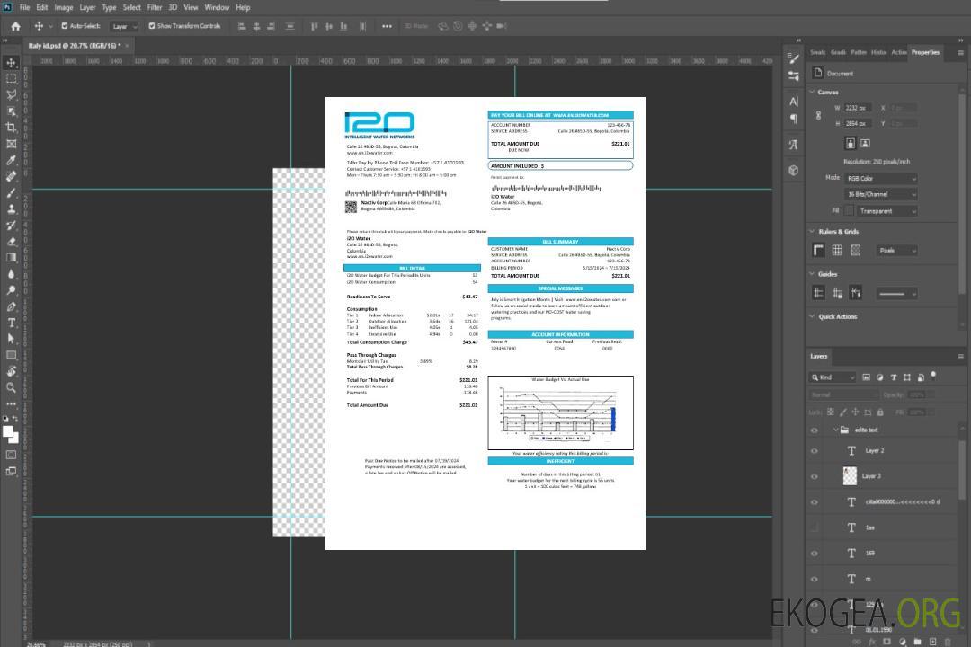 Modèle de facture de services publics i2O Water de Colombie aux formats Word et PDF template